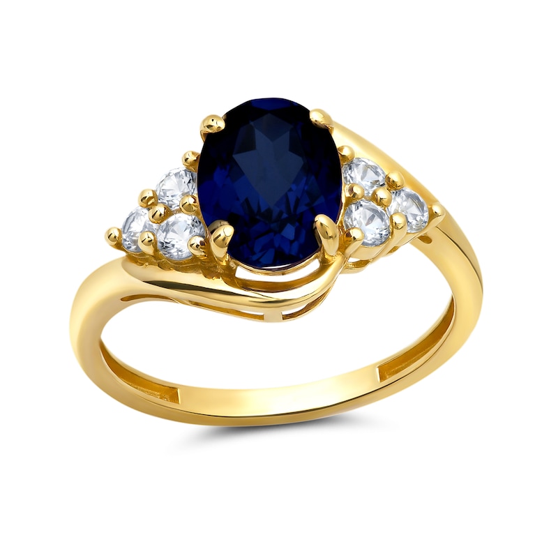 Oval Lab-Created Blue and White Sapphire Tri-Sides Ring in 10K Gold ...