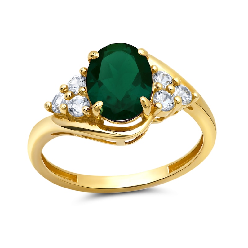 Oval Lab-Created Emerald and White Sapphire Tri-Sides Ring in 10K Gold ...