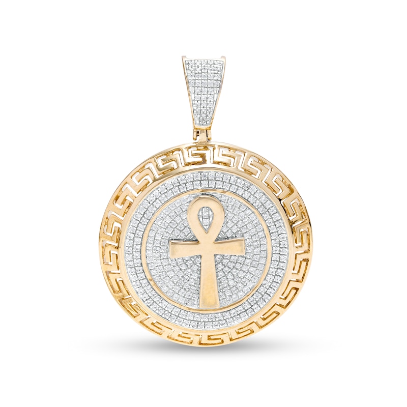 Main Image 1 of Men's 7/8 CT. T.W. Diamond Greek Key Frame Ankh Necklace Charm in 10K Gold