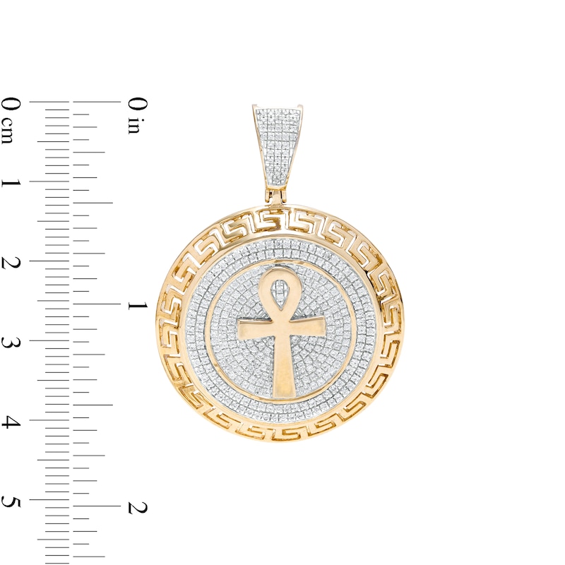 Main Image 2 of Men's 7/8 CT. T.W. Diamond Greek Key Frame Ankh Necklace Charm in 10K Gold