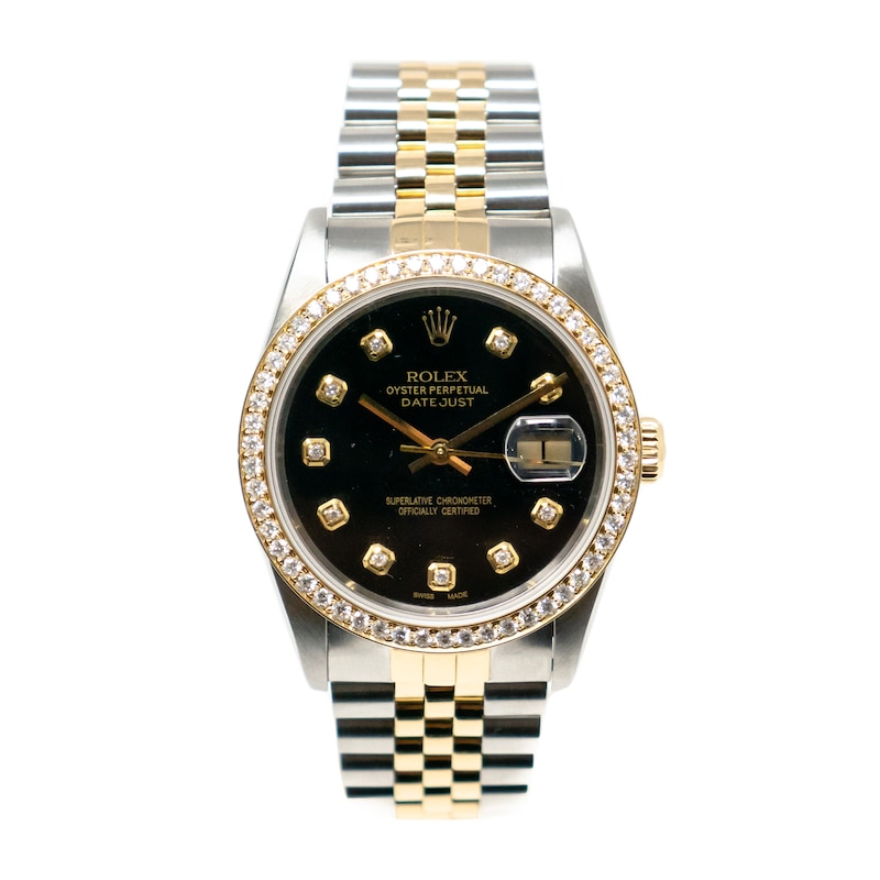 Rolex Vintage Black Face DateJust Ladies 18kt Watch Diamond Dial