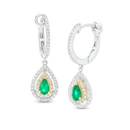 EFFY™ Collection Pear-Shaped Emerald and 1/3 CT. T.W. Diamond Double Frame Drop Earrings in 14K Two-Tone Gold