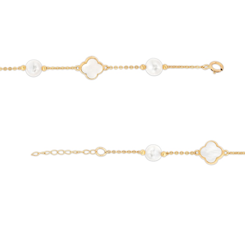 Main Image 3 of EFFY™ Collection Freshwater Cultured Pearl and Clover-Shaped Mother-of-Pearl Alternating Station Bracelet in 14K Gold