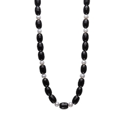 Elongated Faceted Onyx and Freshwater Cultured Pearl Necklace with Sterling Silver Clasp-24&quot;