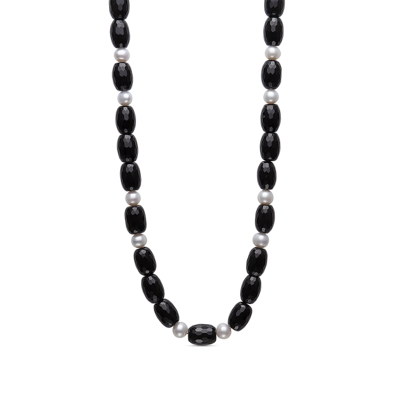 Elongated Faceted Onyx and Freshwater Cultured Pearl Necklace with Sterling Silver Clasp-24"
