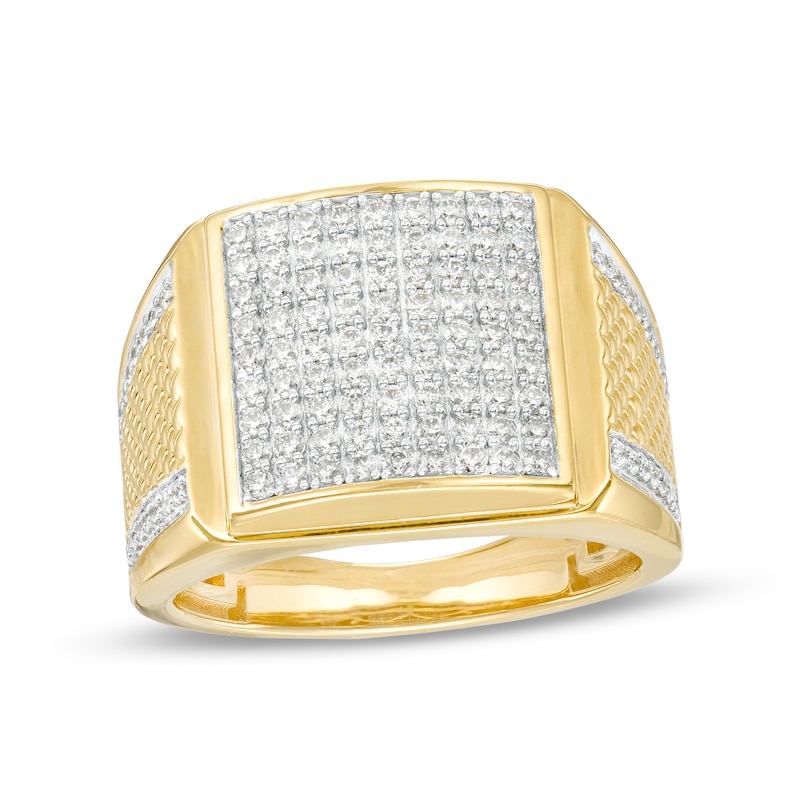 Main Image 1 of Men's 1 CT. T.W. Square-Shaped Multi-Diamond Textured Shank Ring in 10K Gold