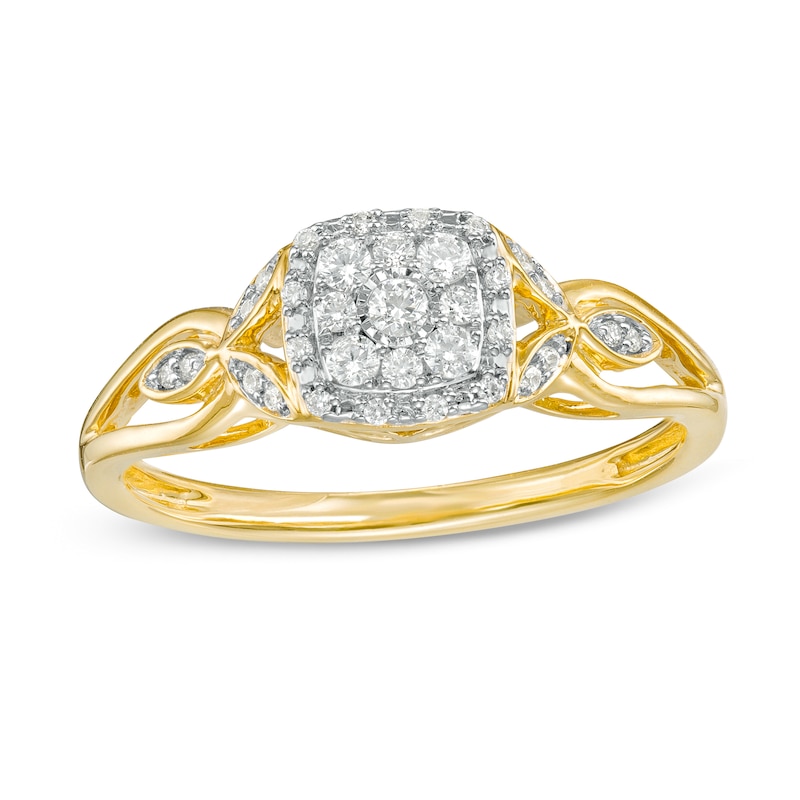 Main Image 1 of 1/5 CT. T.W. Multi-Diamond Square Frame Split Shank Leaf-Sides Flower Promise Ring in 10K Gold