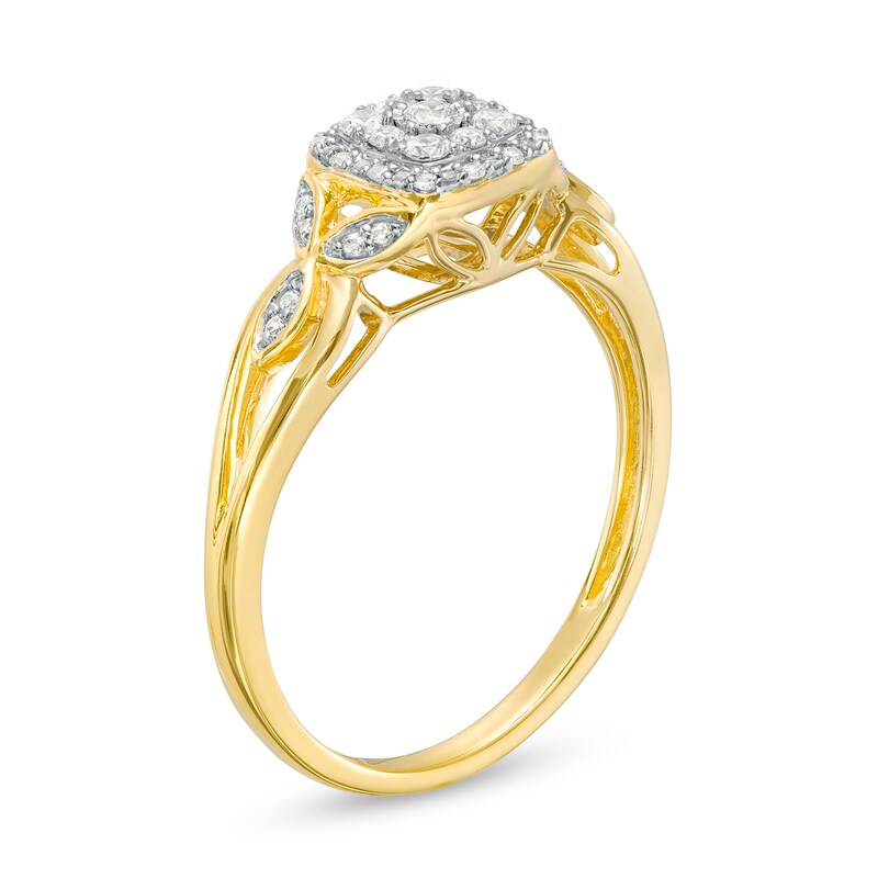 Main Image 3 of 1/5 CT. T.W. Multi-Diamond Square Frame Split Shank Leaf-Sides Flower Promise Ring in 10K Gold