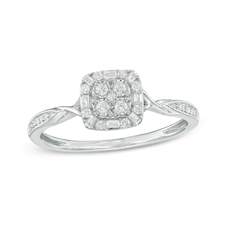 Main Image 1 of 1/5 CT. T.W. Multi-Diamond Square Frame Milgrain Twist Shank Promise Ring in 10K White Gold