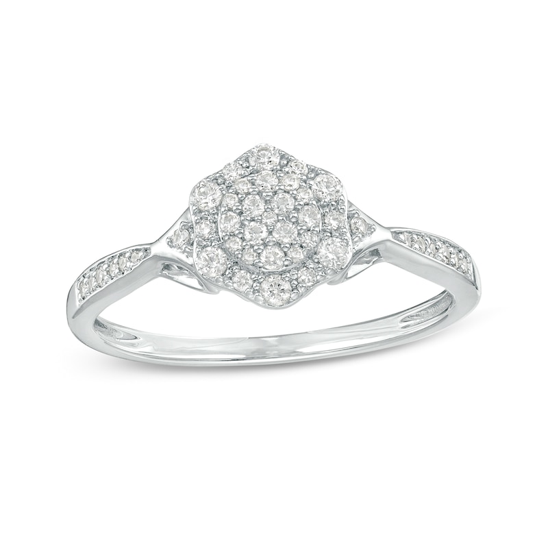 Main Image 1 of 1/4 CT. T.W. Multi-Diamond Flower Frame Split Tapered Shank Promise Ring in 10K White Gold