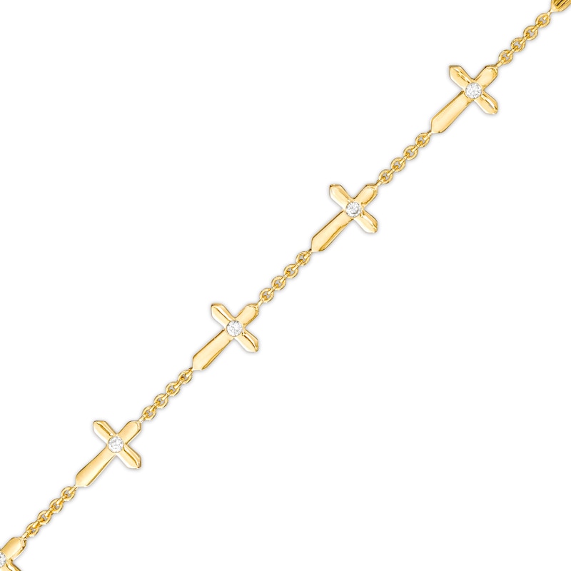 Main Image 1 of 1/8 CT. T.W. Diamond Sideways Gothic-Style Cross Station Bracelet in 10K Gold – 7.25&quot;