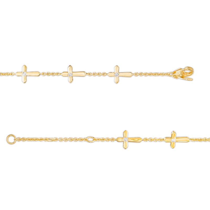 Main Image 3 of 1/8 CT. T.W. Diamond Sideways Gothic-Style Cross Station Bracelet in 10K Gold – 7.25&quot;