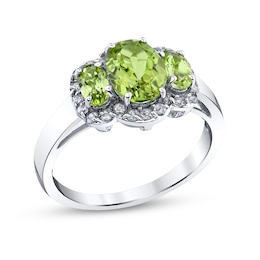 Oval Peridot and 1/4 CT. T.W. Diamond Frame Three Stone Ring in 14K White Gold