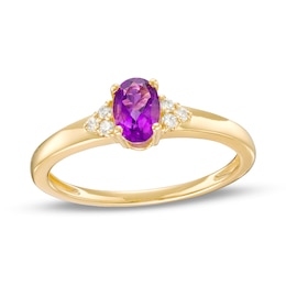 Oval Amethyst and 1/20 CT. T.W. Diamond Tri-Sides Ring in 10K Gold - Size 7