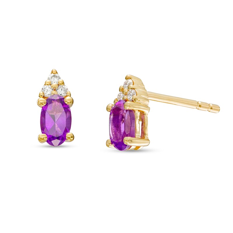 Main Image 1 of Oval Amethyst and 1/20 CT. T.W Diamond Stud Earrings in 10K Gold