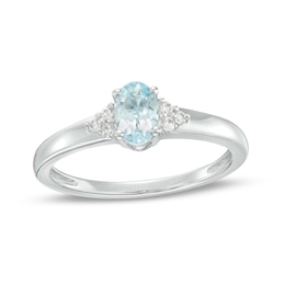 Oval Aquamarine and 1/20 CT. T.W. Diamond Tri-Sides Ring in 10K White Gold - Size 7