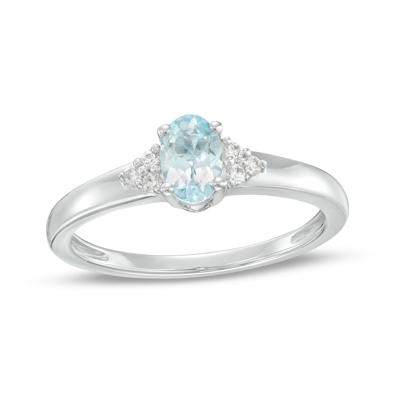 Main Image 1 of Oval Aquamarine and 1/20 CT. T.W. Diamond Tri-Sides Ring in 10K White Gold - Size 7