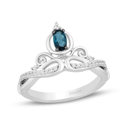 Enchanted Disney Cinderella Oval London Blue Topaz and 1/10 CT. T.W. Diamond Twist Shank Tiara Ring in Sterling Silver