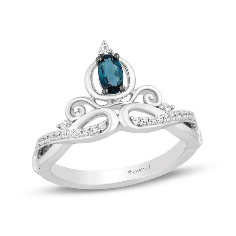 Main Image 1 of Enchanted Disney Cinderella Oval London Blue Topaz and 1/10 CT. T.W. Diamond Twist Shank Tiara Ring in Sterling Silver