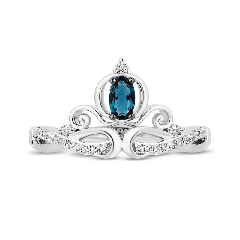 Main Image 4 of Enchanted Disney Cinderella Oval London Blue Topaz and 1/10 CT. T.W. Diamond Twist Shank Tiara Ring in Sterling Silver