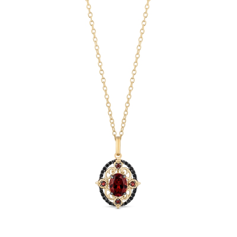 Main Image 1 of Enchanted Disney Villains Evil Queen Oval Garnet and 1/6 CT. T.W. Black Diamond Ornate Pendant in 10K Gold – 19&quot;