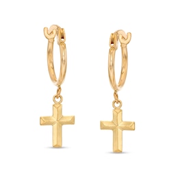 Mini Three-Dimensional Cross Drop Earrings in 14K Gold