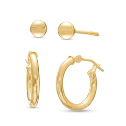 15.0mm Tube Hoop and 4.0mm Ball Stud Two Pair Earrings Set in 14K Gold