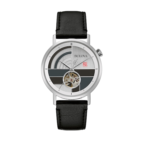Men's BulovaÂ Frank Lloyd Wright Automatic Black Leather Strap Watch With Grey Dial (Model:Â 96A248)