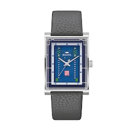 Men's Bulova Frank Lloyd Wright Grey Leather Strap Watch with Rectangular Blue Dial (Model: 96A287)