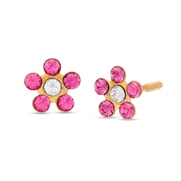 Child's Pink and White Crystal Petal Frame Flower Stud Earrings in 14K Gold