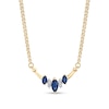 Thumbnail Image 0 of Marquise Blue Sapphire and 1/20 CT. T.W. Diamond Three Stone Curved Bar Necklace in 14K Gold – 16"