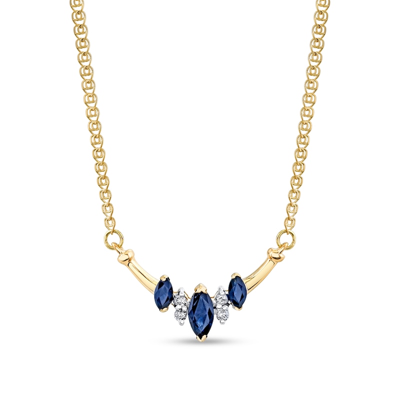 Marquise Blue Sapphire and 1/20 CT. T.W. Diamond Three Stone Curved Bar Necklace in 14K Gold – 16"