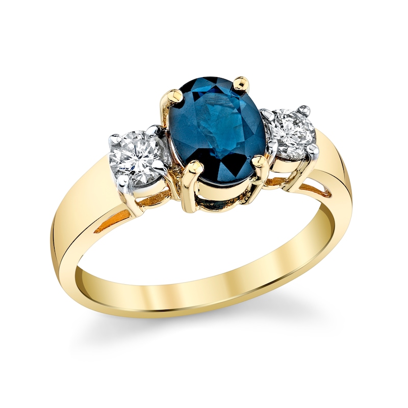 Oval Blue Sapphire and 3/8 CT. T.W. Diamond Three Stone Ring in 14K ...