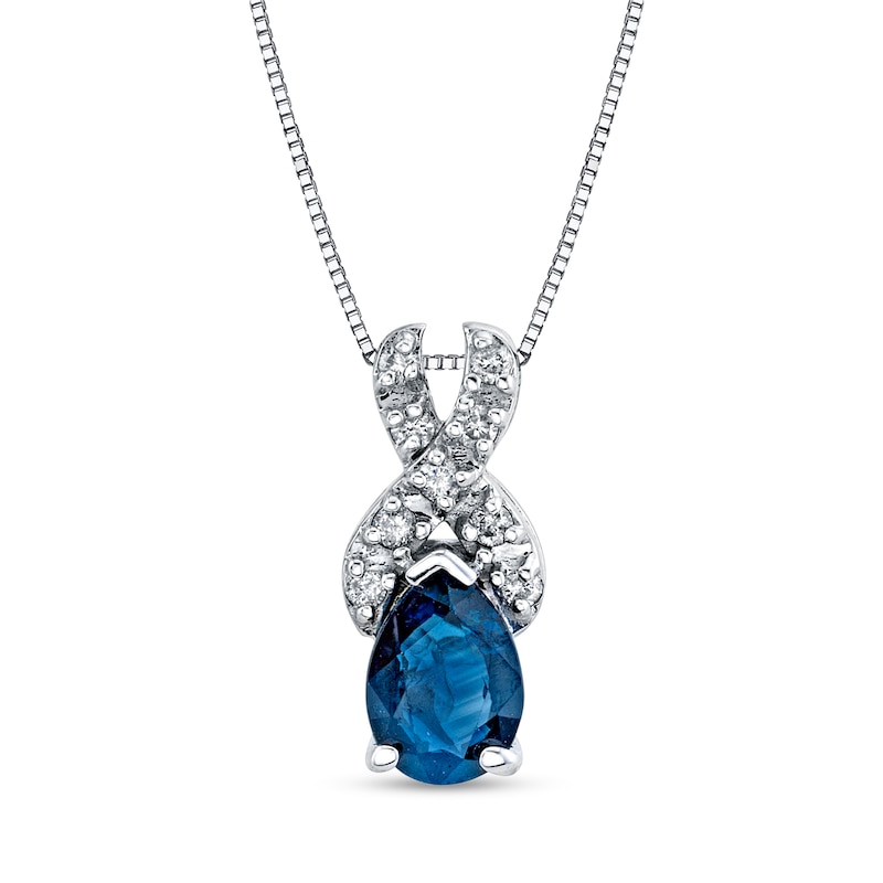 Pear-Shaped Blue Sapphire and 1/10 CT. T.W. Diamond Twist Bail Pendant in 14K White Gold