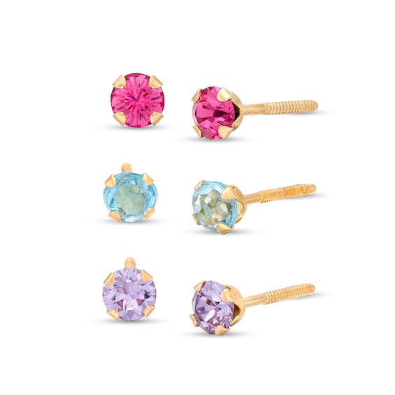 Child's 3.0mm Pink, Blue And Purple Cubic Zirconia Three Pair Stud Earrings Set In 14K Gold