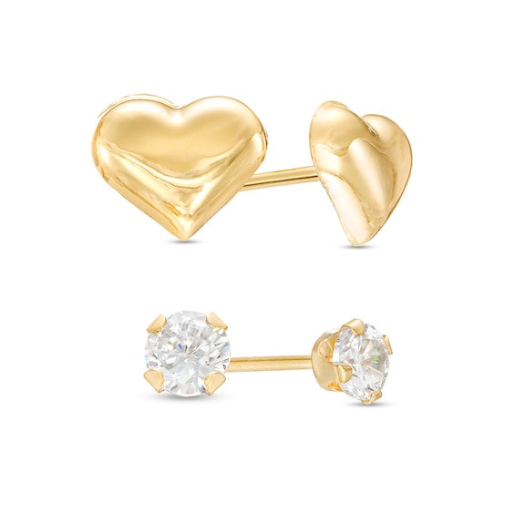 Child's 3.0mm Cubic Zirconia And Puff Heart Two Pair Stud Earrings Set In 14K Gold