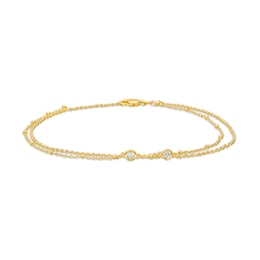 White Lab-Created Sapphire Bezel-Set Duo Bead Station Double Strand Anklet in Sterling Silver with 18K Gold Plate - 10&quot;