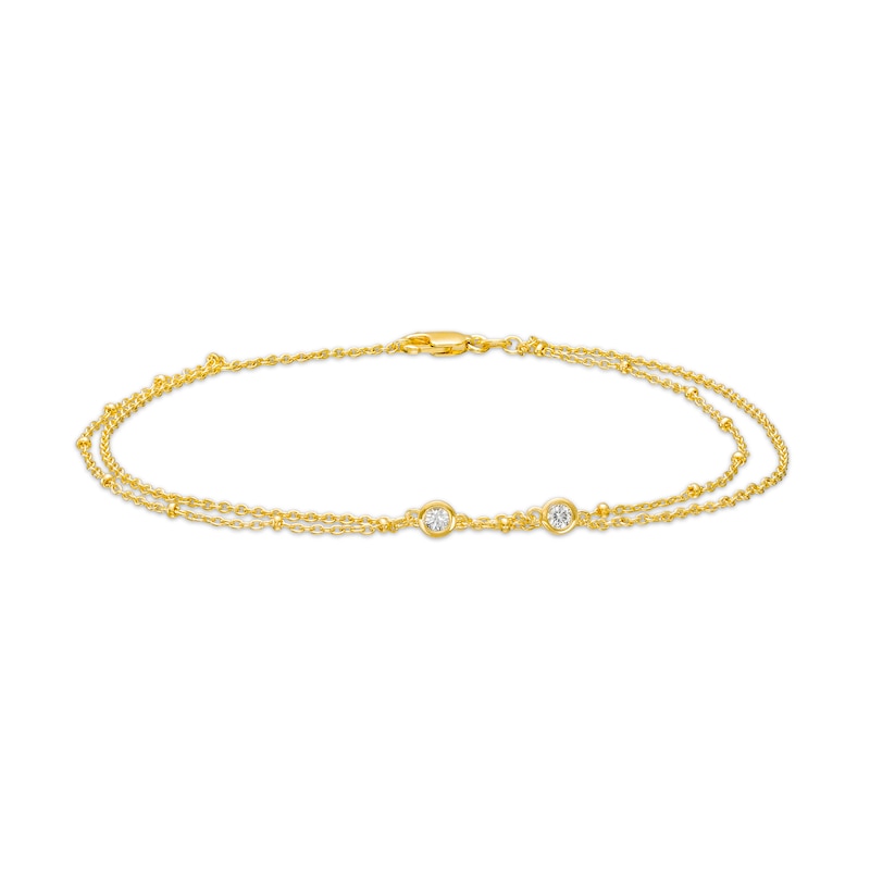 Main Image 1 of White Lab-Created Sapphire Bezel-Set Duo Bead Station Double Strand Anklet in Sterling Silver with 18K Gold Plate - 10&quot;