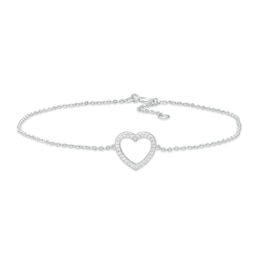 White Lab-Created Sapphire Heart Outline Anklet in Sterling Silver - 10&quot;