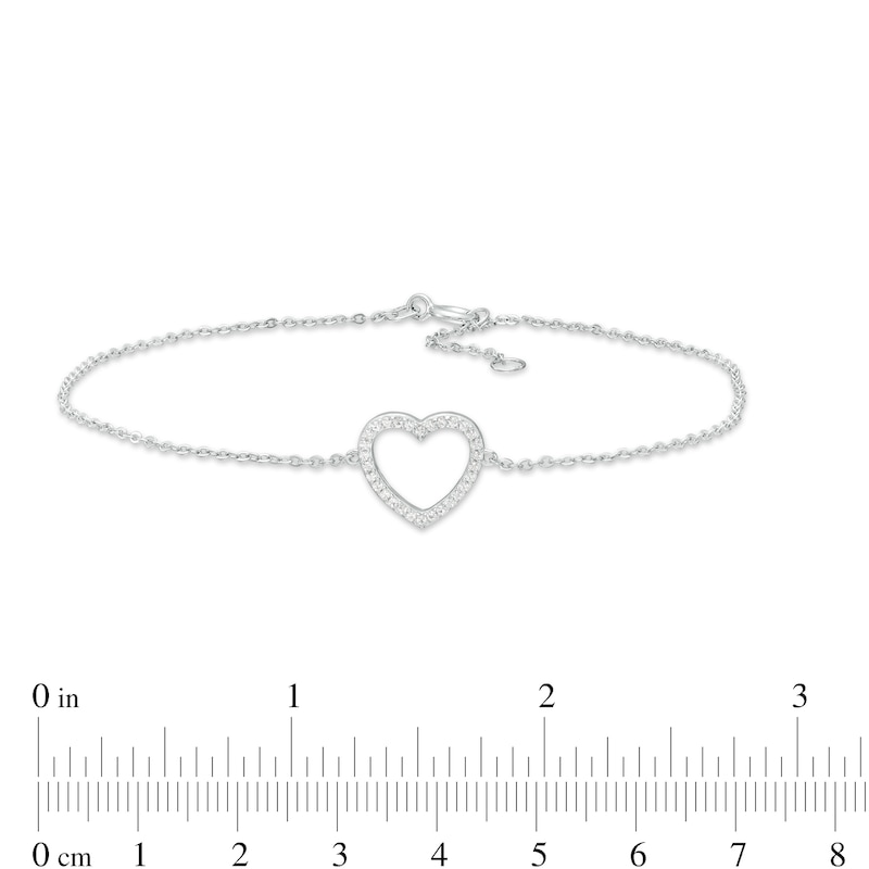 White Lab-Created Sapphire Heart Outline Anklet in Sterling Silver - 10"