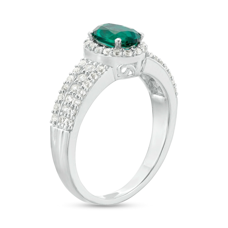 Main Image 3 of Oval Lab-Created Emerald and White Lab-Created Sapphire Frame Triple Row Ring in Sterling Silver