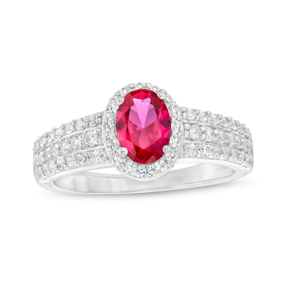 Oval Lab-Created Ruby And White Lab-Created Sapphire Frame Triple Row Ring In Sterling Silver