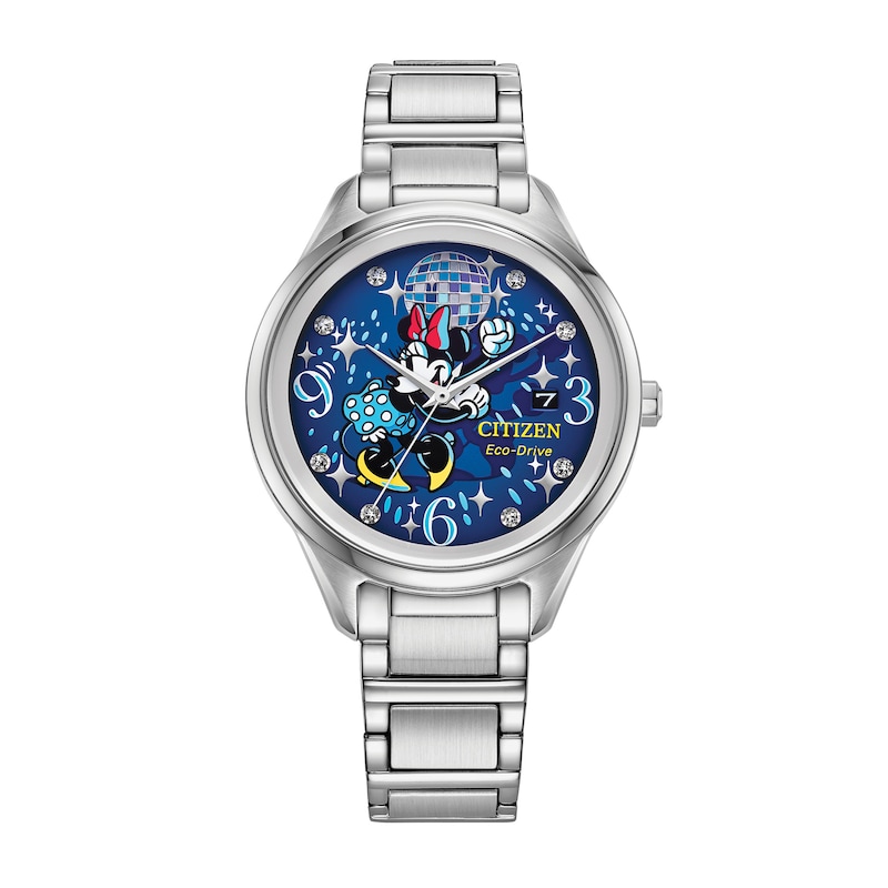 Main Image 1 of Ladies' Citizen Eco-Drive® Mickey Mouse & Friends Disco Minnie Crystal Watch with Blue Dial (Model: FE6106-52W)