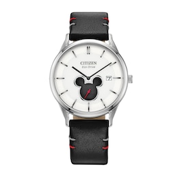 Citizen Eco-Drive® Mickey Mouse & Friends Shadow Black Leather Strap Watch with White Dial (Model: BV1130-03W)