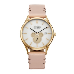 Citizen Eco-Drive® Mickey Mouse & Friends Shadow Gold-Tone Pink Leather Strap Watch (Model: BV1132-08W)