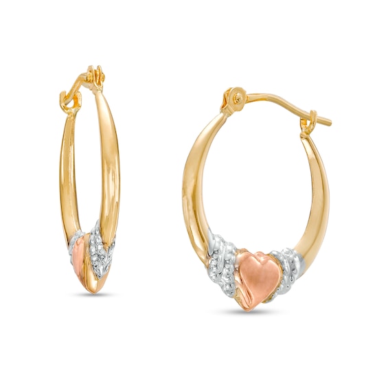 Child's 16.9mm Diamond-Cut Heart With Beaded Double Collar Hoop Earrings In 14K Tri-Tone Gold