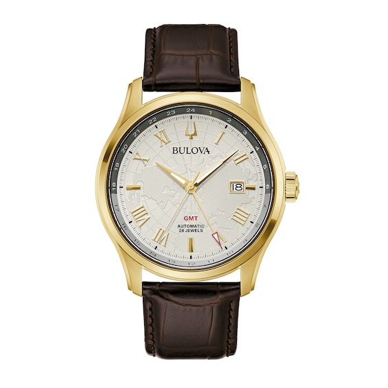 Men's Bulova Classic Wilton Gold-Tone Automatic Brown Leather Strap Watch With Silver-Tone Dial (Model:Â 97B210)