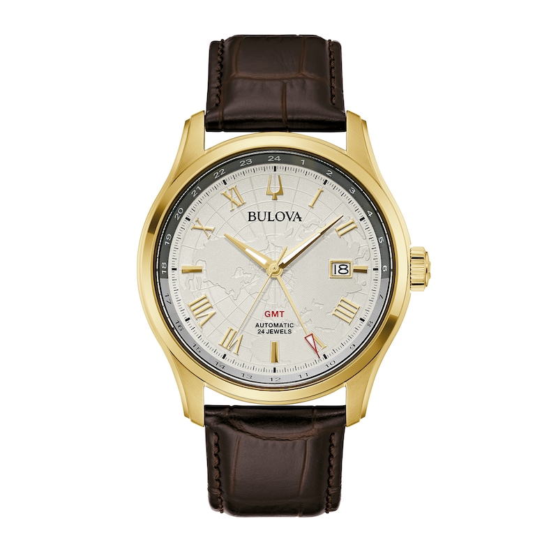 Main Image 1 of Men's Bulova Classic Wilton Gold-Tone Automatic Brown Leather Strap Watch with Silver-Tone Dial (Model: 97B210)