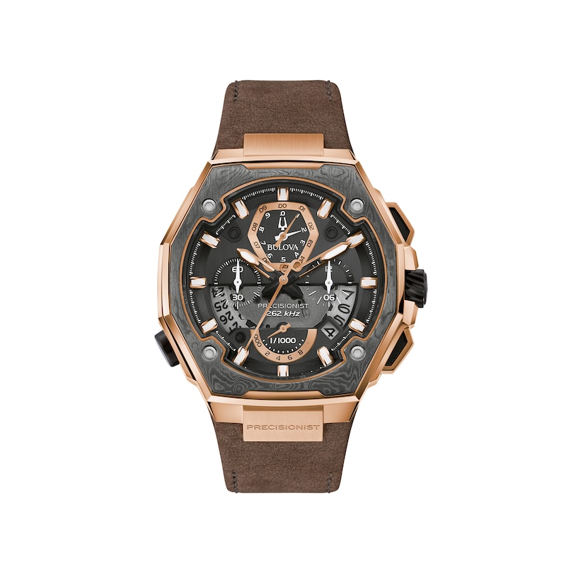 Main Image 1 of Men's Bulova Precisionist X Rose-Tone Chronograph Brown Leather Strap Watch with Black Dial (Model: 98B356)