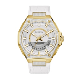 Men's Bulova Precisionist 3/4 CT. T.W. Diamond Gold-Tone White Leather Strap Watch (Model: 98J119)